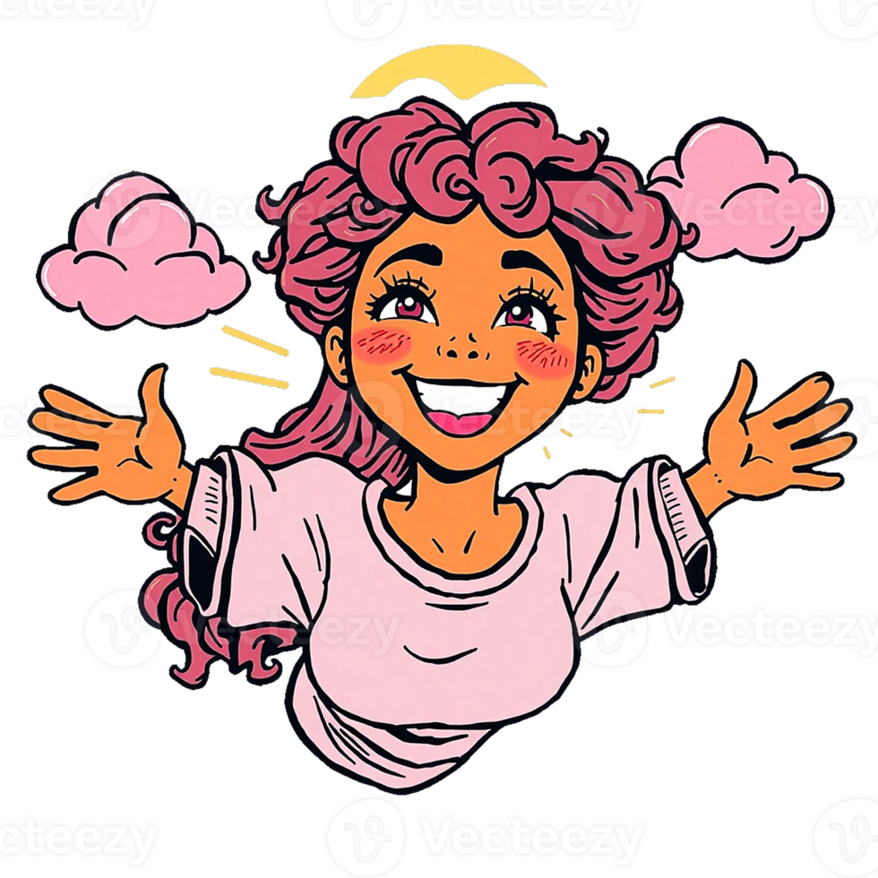 cartoon woman with pink hair and clouds png