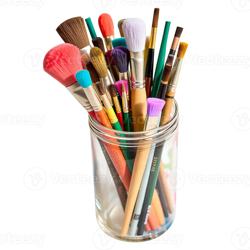 a glass jar filled with various brushes png