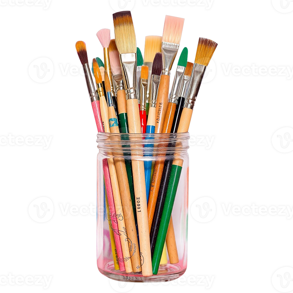 a jar filled with paint brushes on a transparent background png