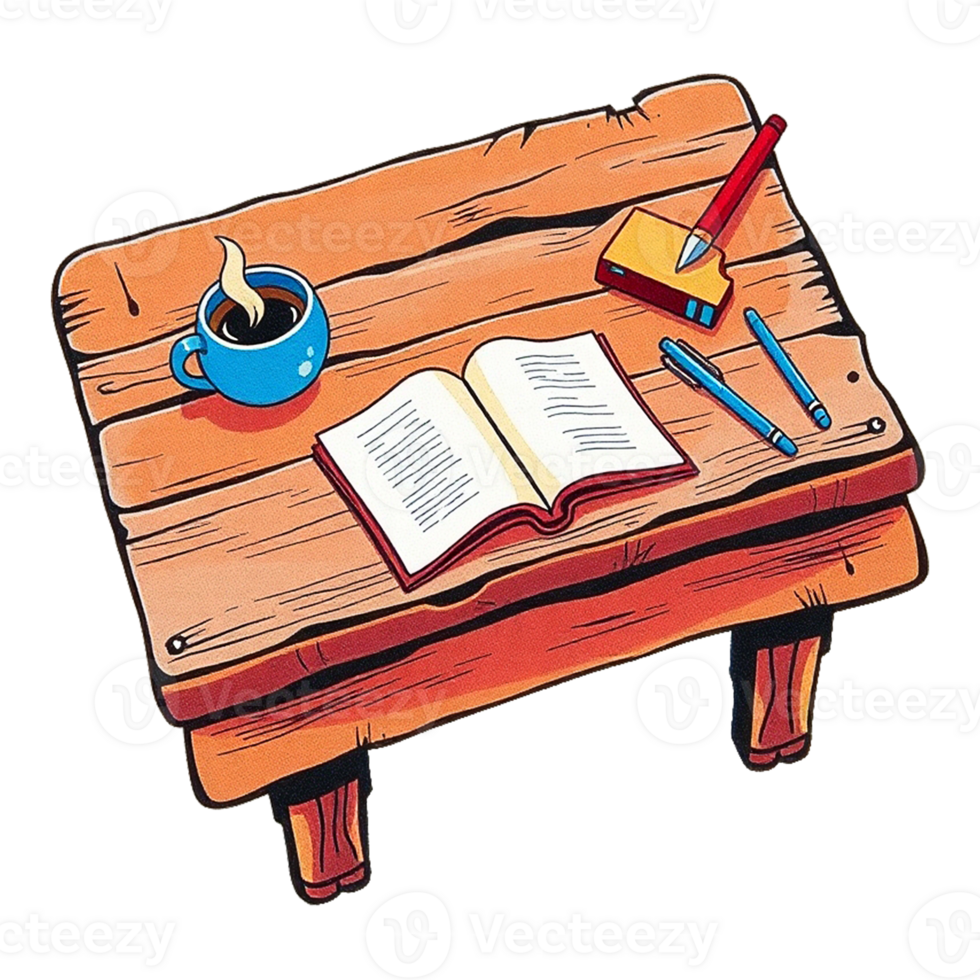 a wooden table with a cup of coffee and a book on it transparent background png