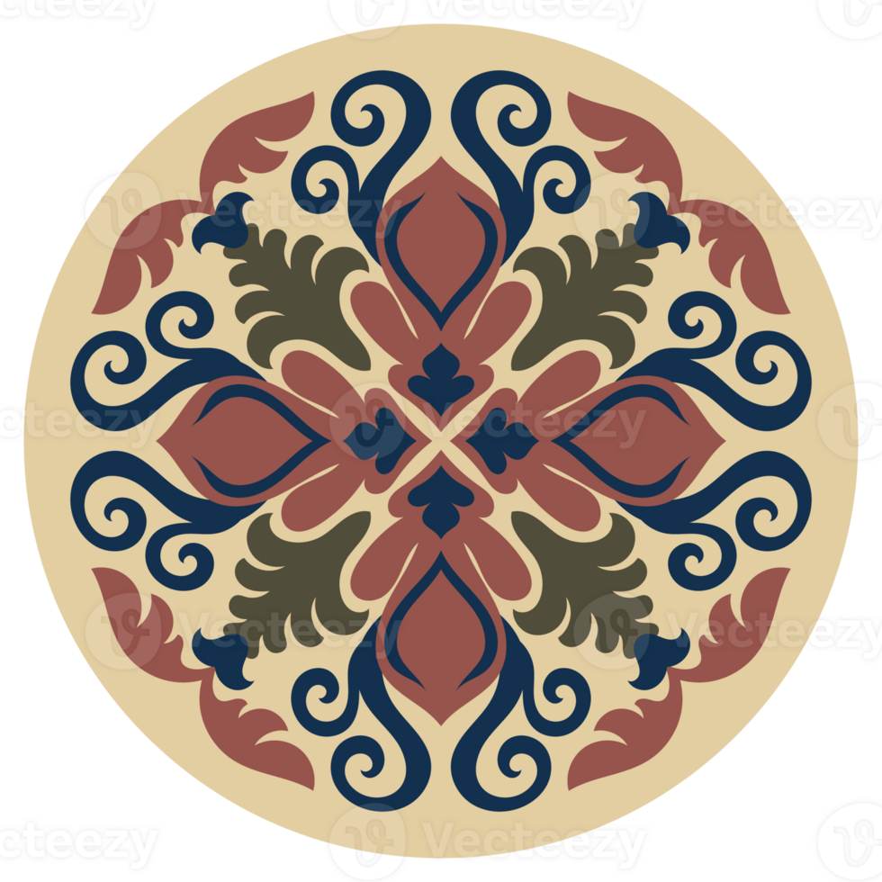 Intricate mandala circular design with ethnic tribal motifs and abstract floral elements. png