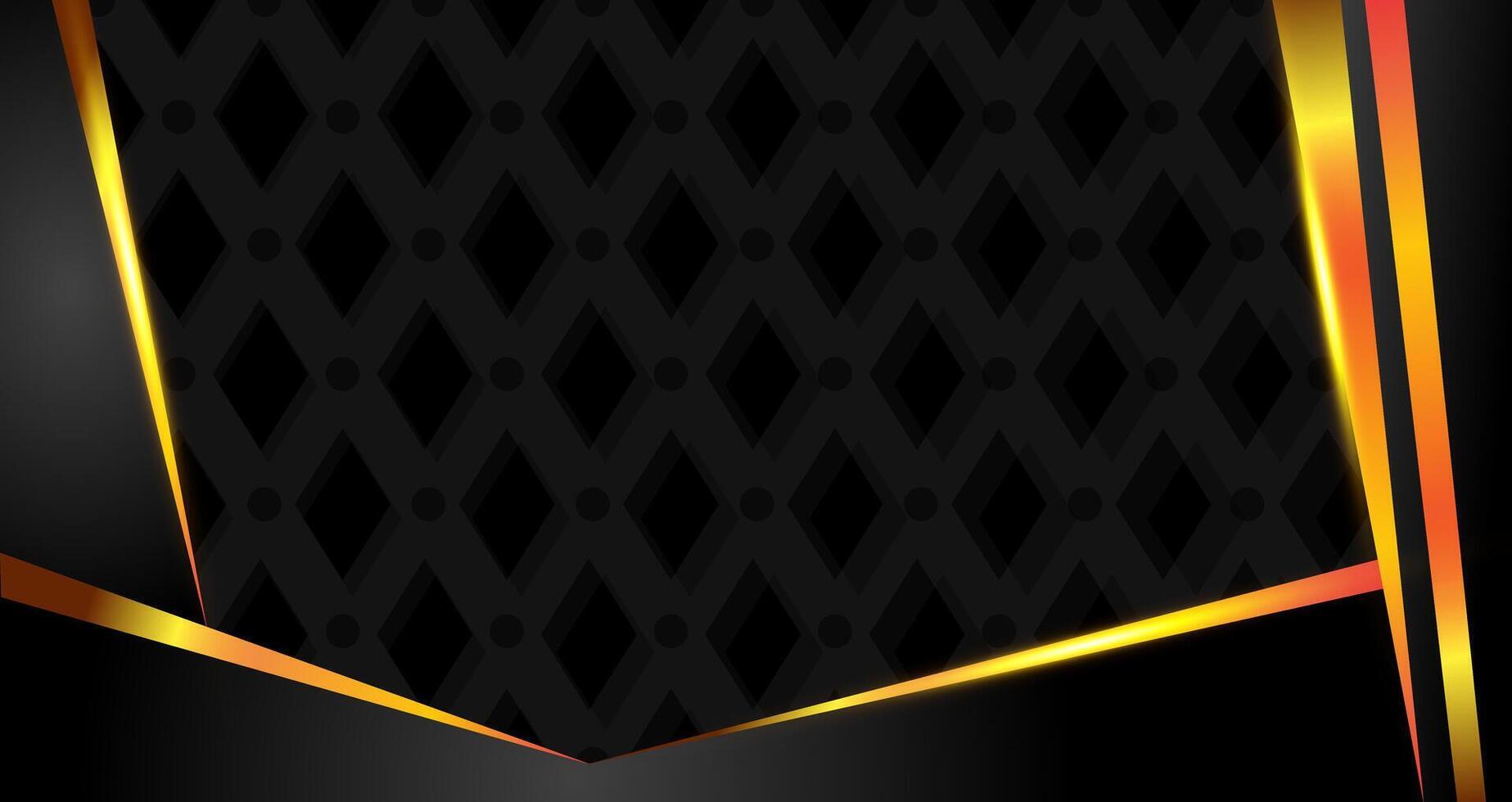 Geometric luxury Abstract shiny dark black premium background with lines golden glowing and lighting effect on dark background and texture. vector