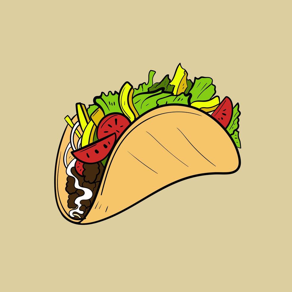 Grilled beef taco Mexican tacos with ground beef, cheese, and lettuce with fresh tomato salsa vector
