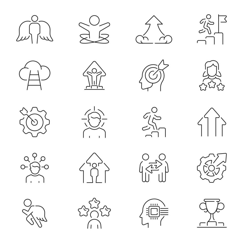 Personal growth icons. Career, progress, coaching, business people, training, professional, development, knowledge, personal growth related thin line icon collection. Editable stroke vector