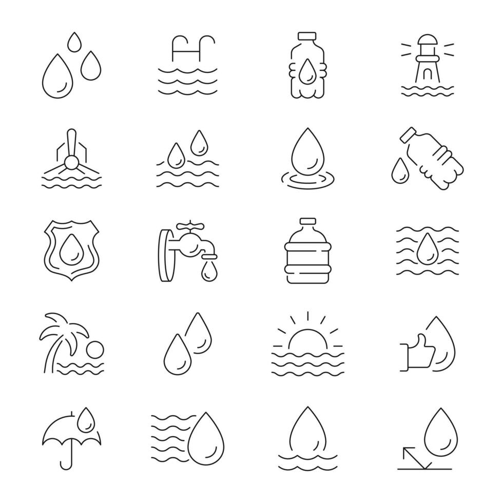 Water icons. Water linear icon collection. Drop Water, Mineral Water, Water Bottle, drink related thin line icon collection. Editable stroke vector