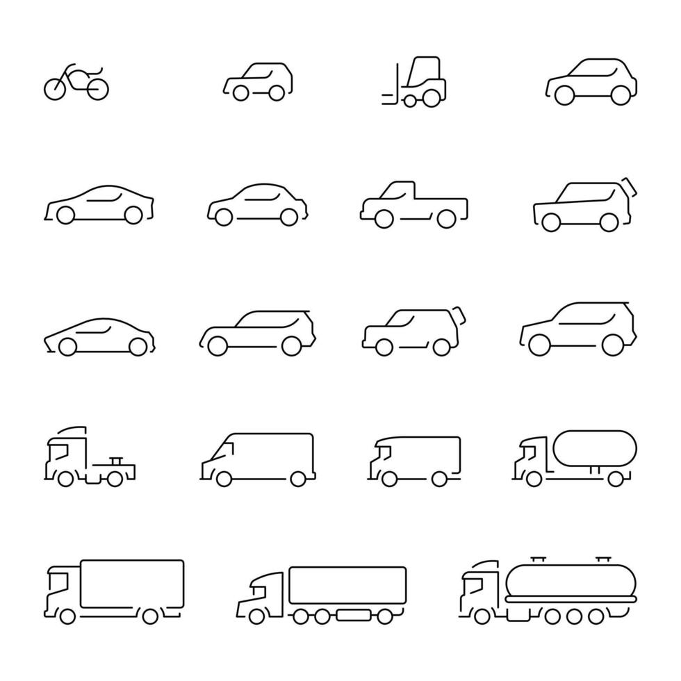 Vehicle web icons. Transport icons set. Car body types. Car, transport, vehicle, auto thin line icons. Editable stroke vector