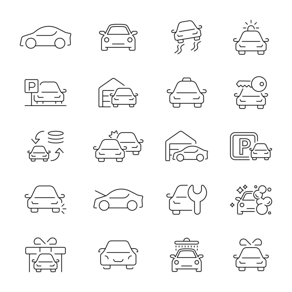 Car icon collection. Car linear icons. Car, service, vehicle, transport related thin line icon collection. Editable stroke vector