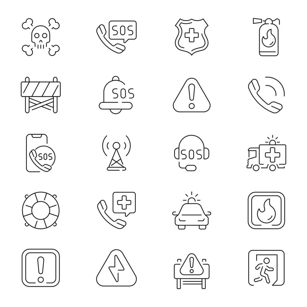 Emergency icons. Emergency icon Set. Emergency, warning, accidents, natural disasters, rescue services, emergency related thin line icon collection. Editable stroke vector
