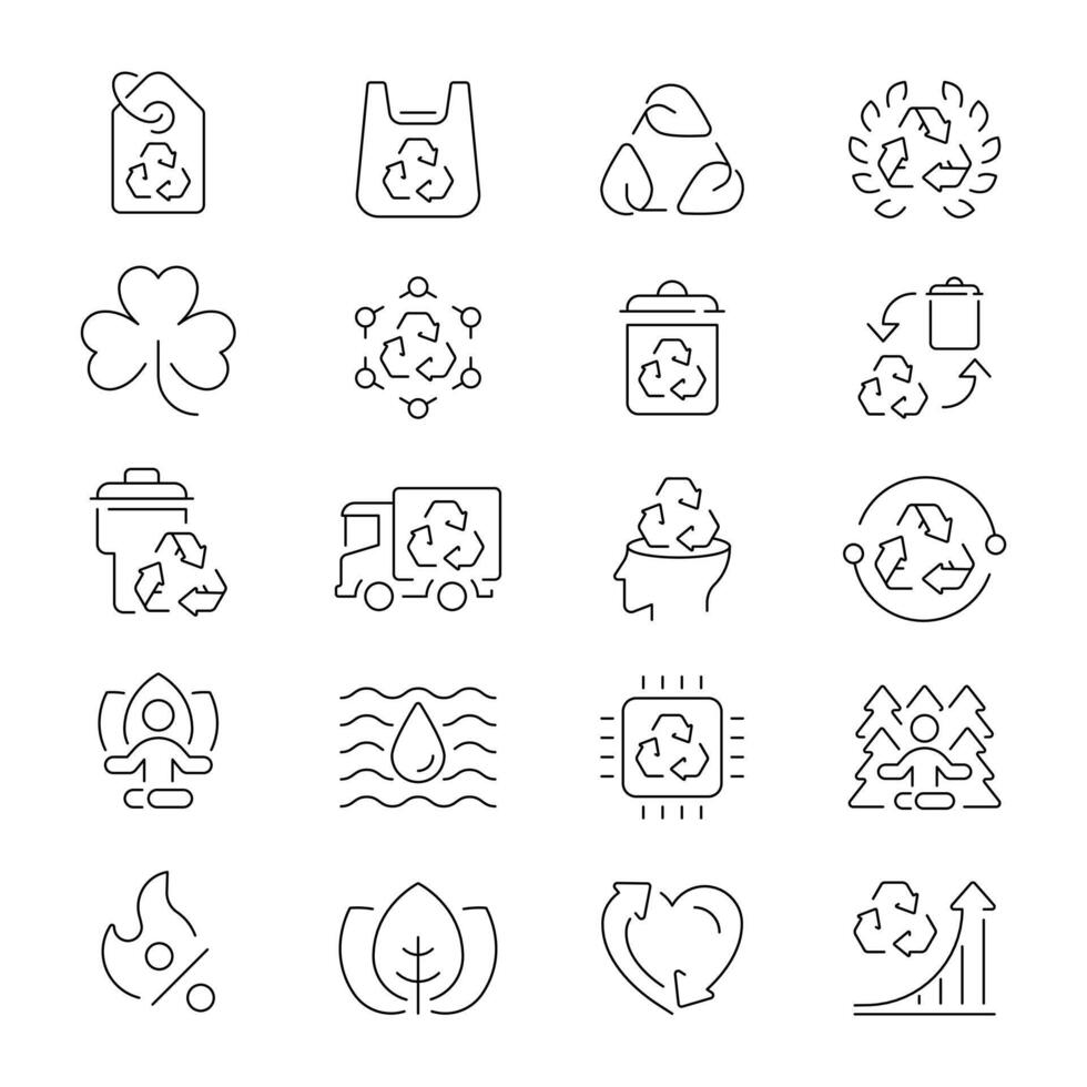Net zero line icons set. Zero waste icons. Recycling, organic, solar energy, sustainable, ecology related thin line icon collection. Editable stroke vector