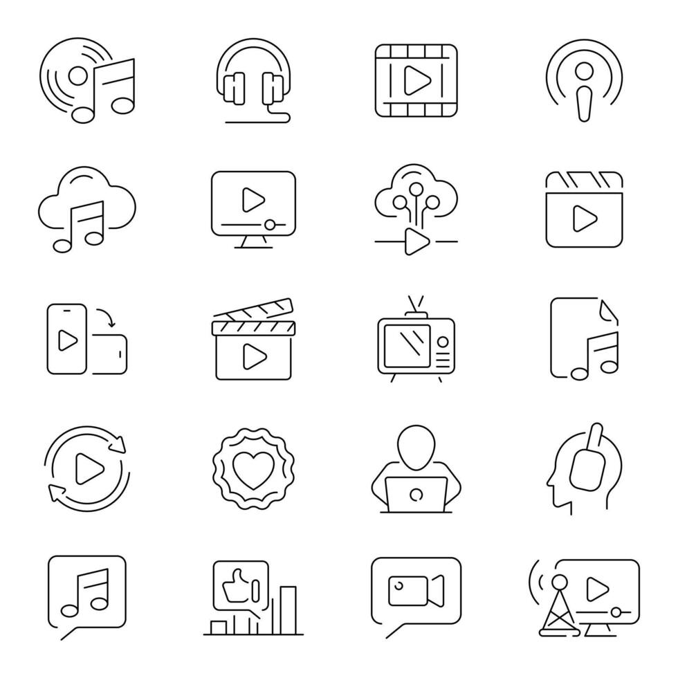 Media icons collection. Mass media, social networks, social media, public media, journalism, communication, networking, media related thin line icon collection. Editable stroke vector