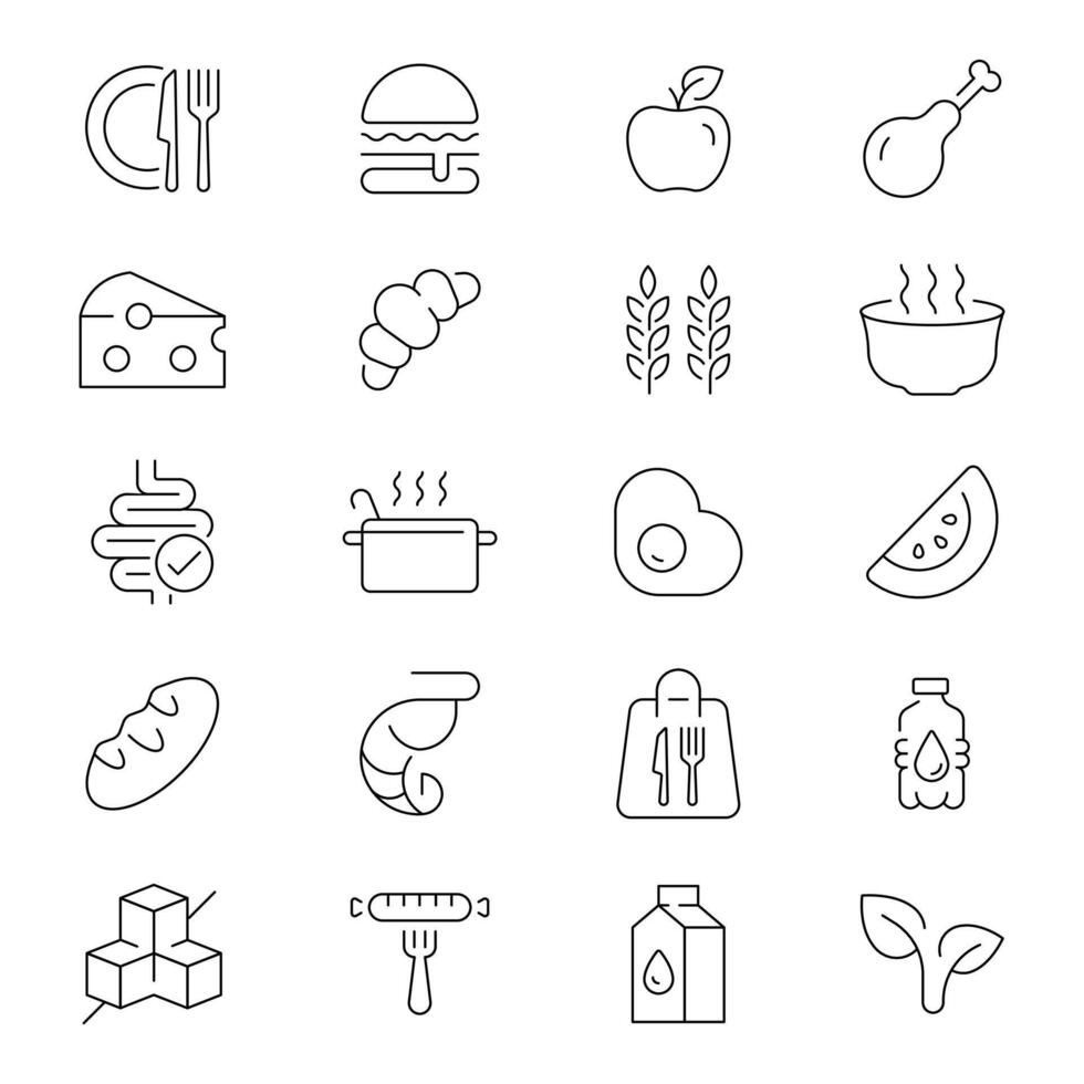 Nutrition icons. Nutrition and food linear icons collection. Eat, food, healthy food, diet, Nutrition related thin line icon collection. Editable stroke vector