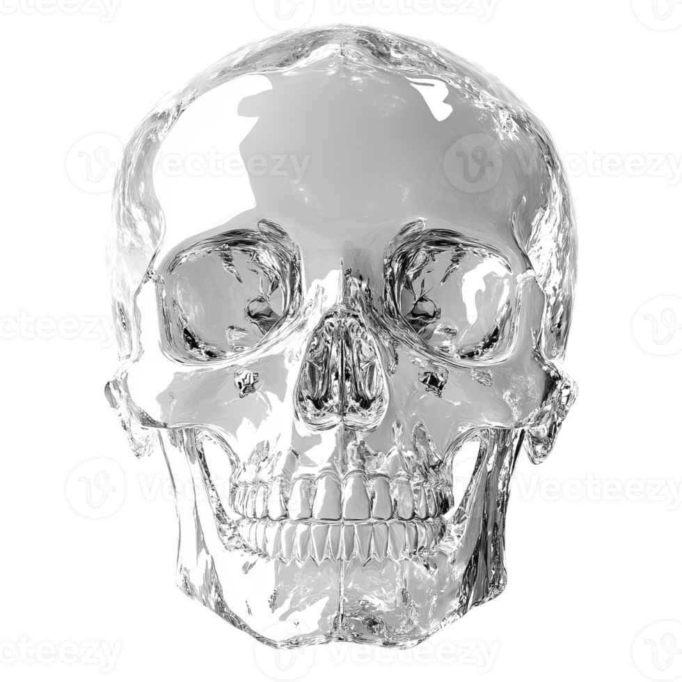 front view clear glass skull isolated on transparent background png