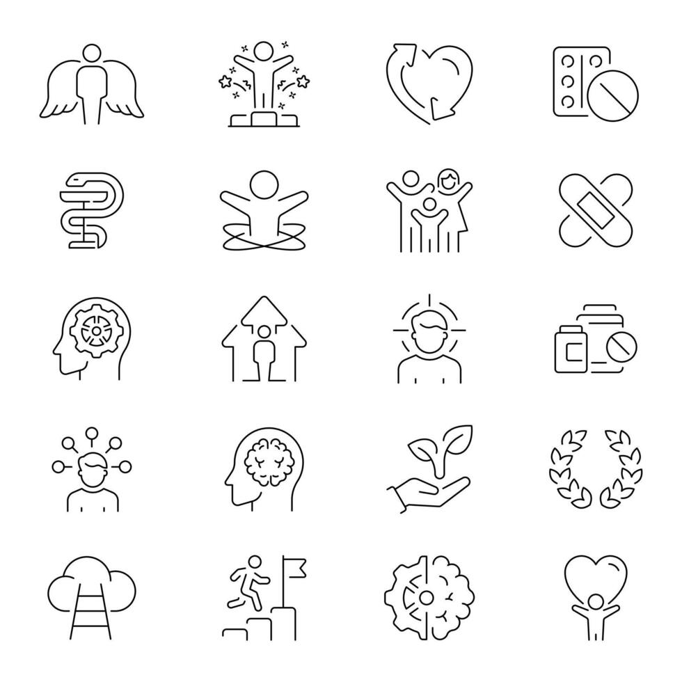 Psychology and mental growth outline icon set. Brain and mind development icons vector