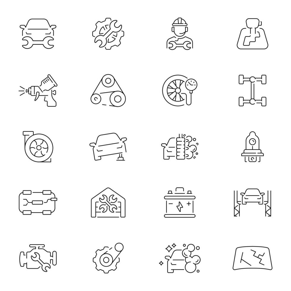 Car repair service outline icon set. Vehicle maintenance and fixing icons vector