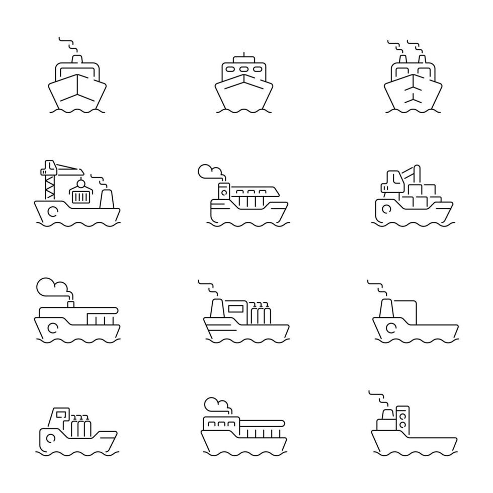 Ship icons. Ship icon set. Cruise ship, boat, cruise liner, ship related icons. Editable stroke, thin line icons set vector