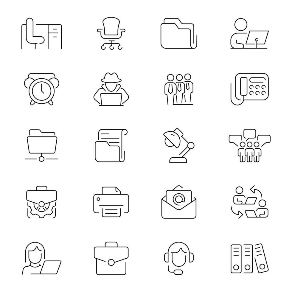 Office working outline icon set. Company workers space linear icons. vector