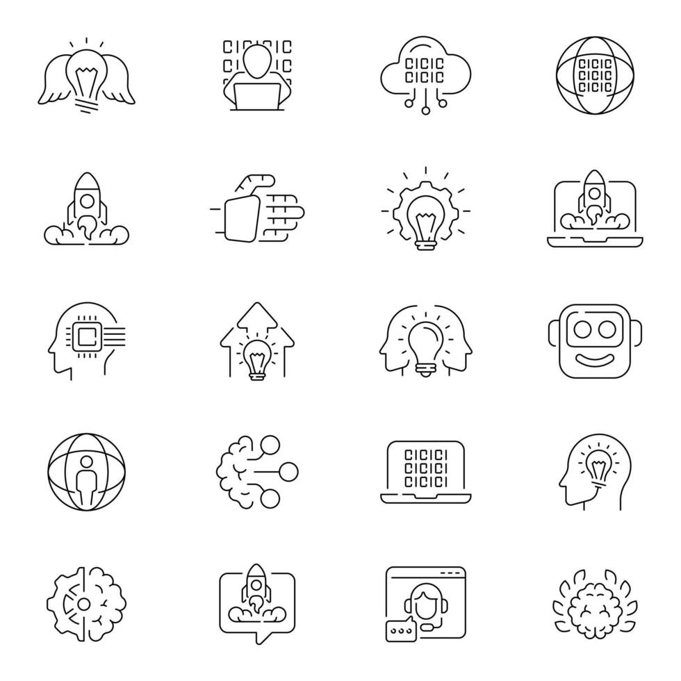 Artificial intelligence technology outline icons. Machine learning symbols vector