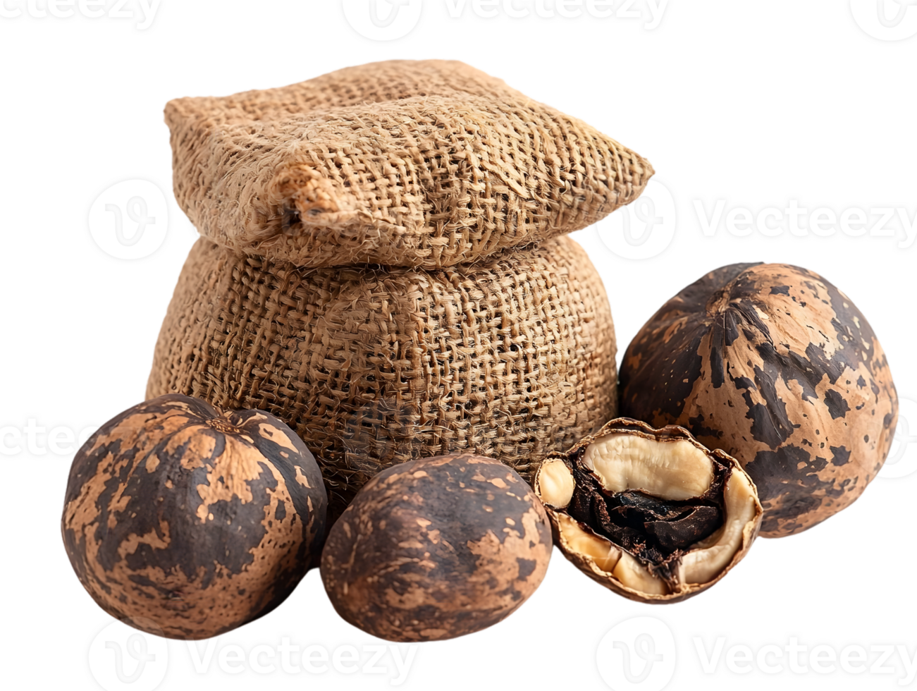 Close Up Of Brown Nuts In Burlap Bag On White Background png