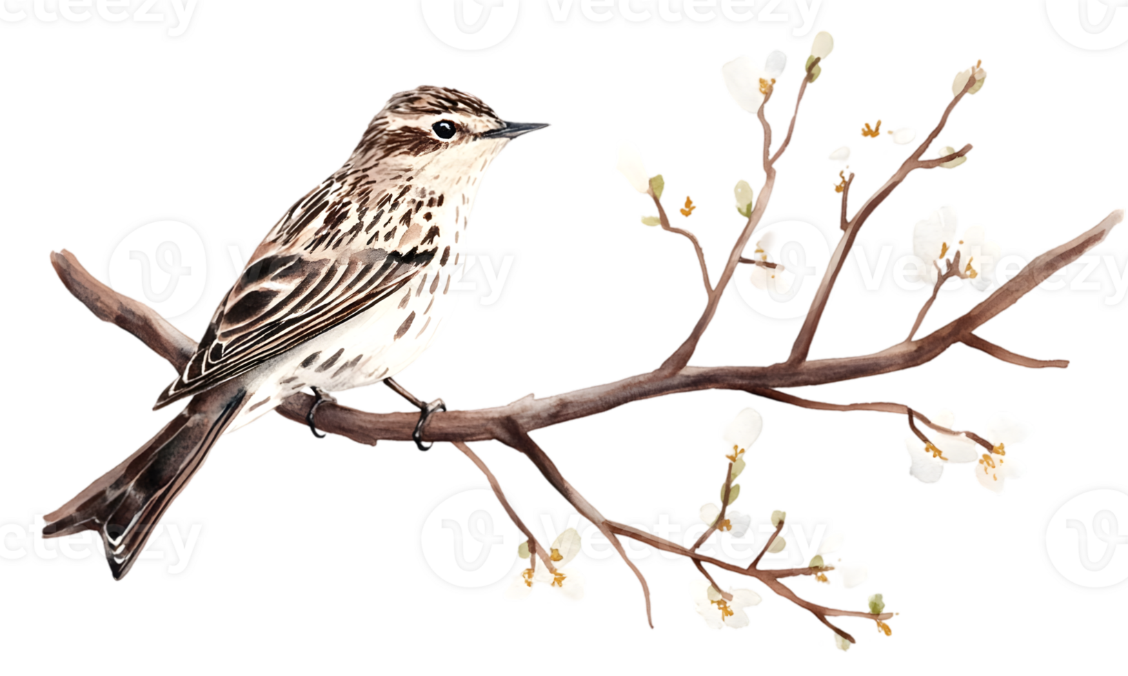 Detailed Watercolor Illustration Of A Bird On A Branch With Blossoms png