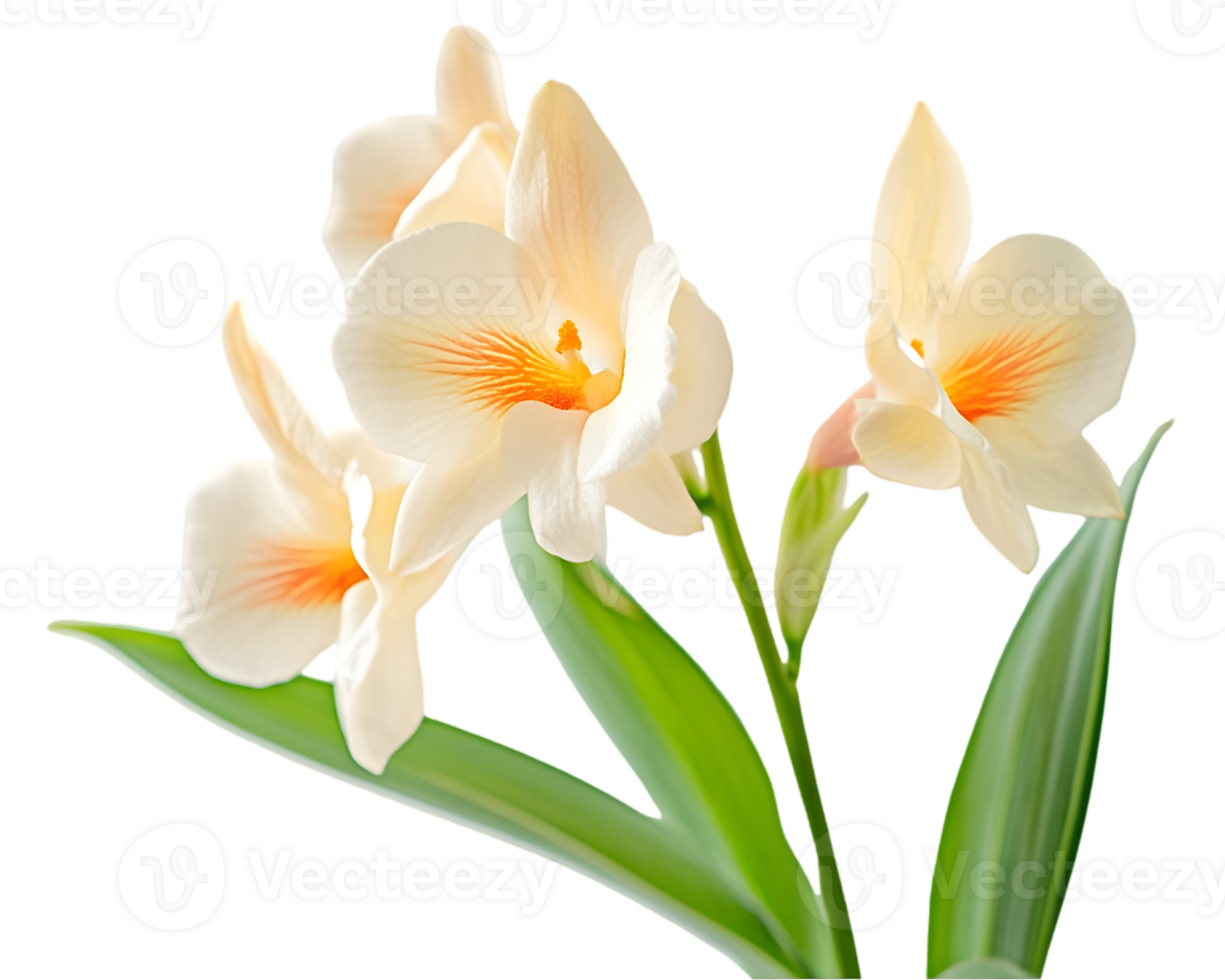 Closeup Image Of Pastel Peach Orchids With Green Leaves png