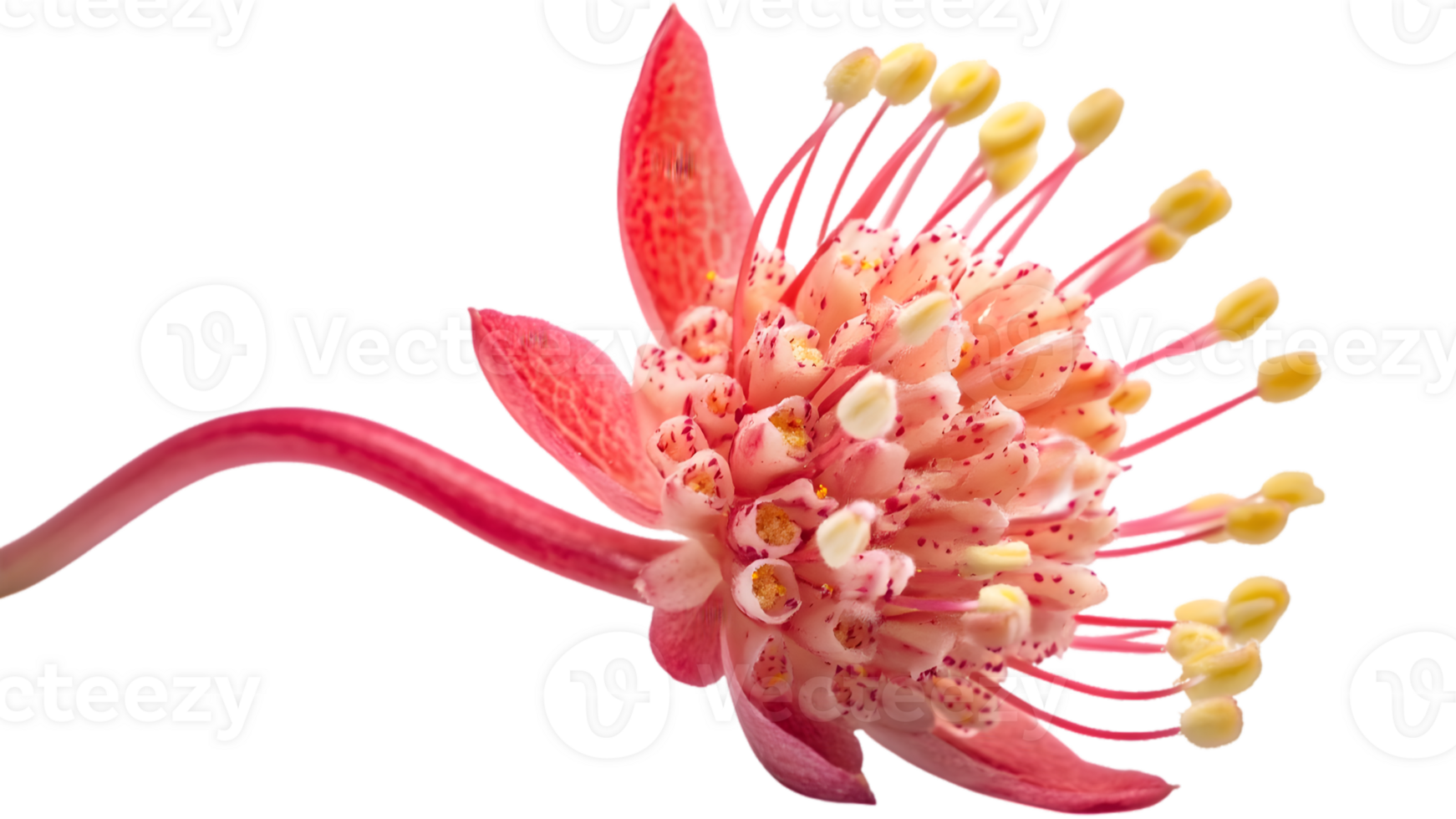 Closeup Of A Vibrant Pink Flower With Red Petals And Yellow Stamens png