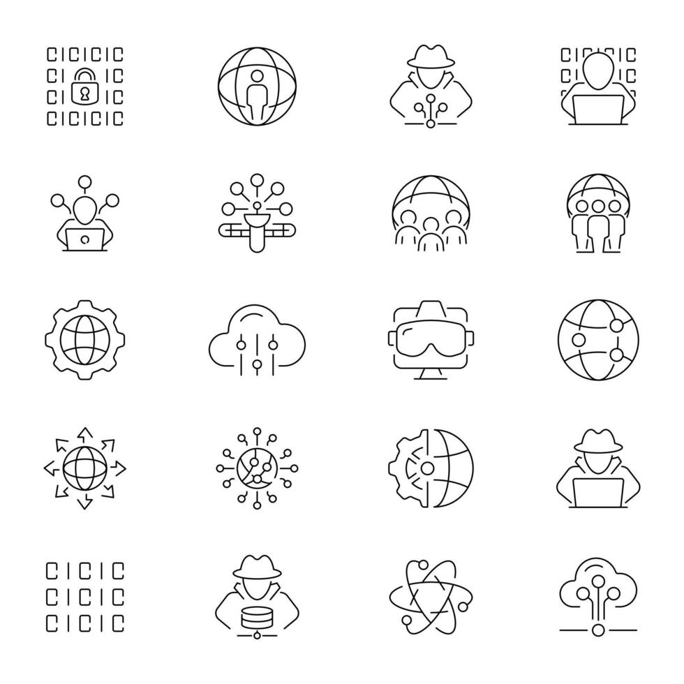 Cyberspace and hacking technologies outline icons set. Digital security and hacker tools icons vector