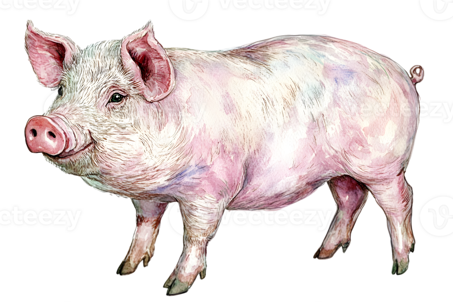 Watercolor Illustration Of A Cute Pink Pig png