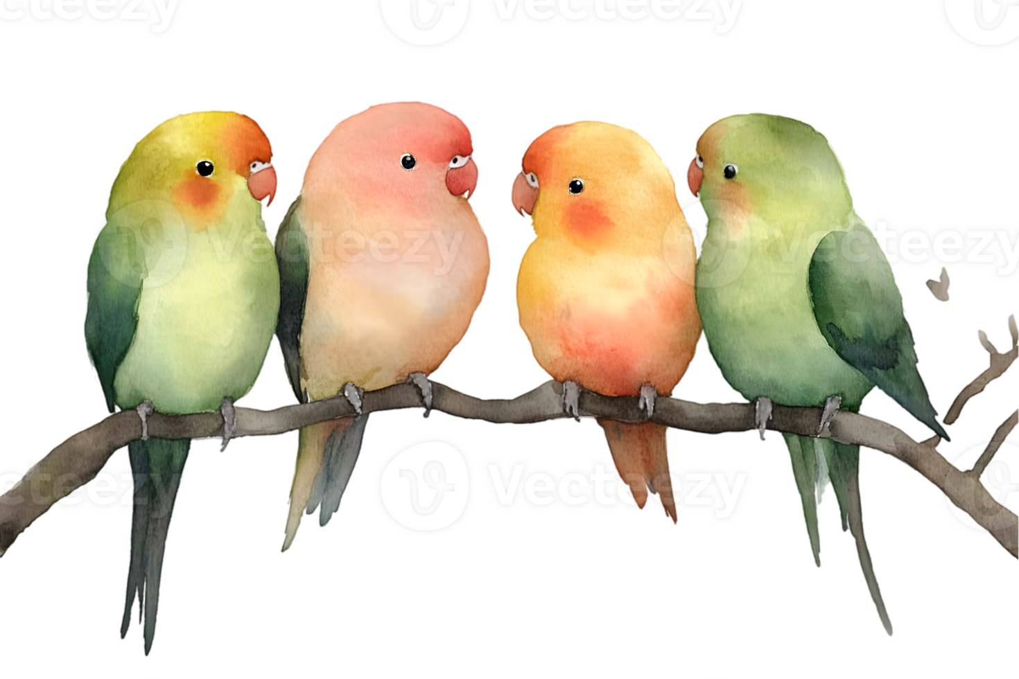Four Watercolor Parrots on Branch png