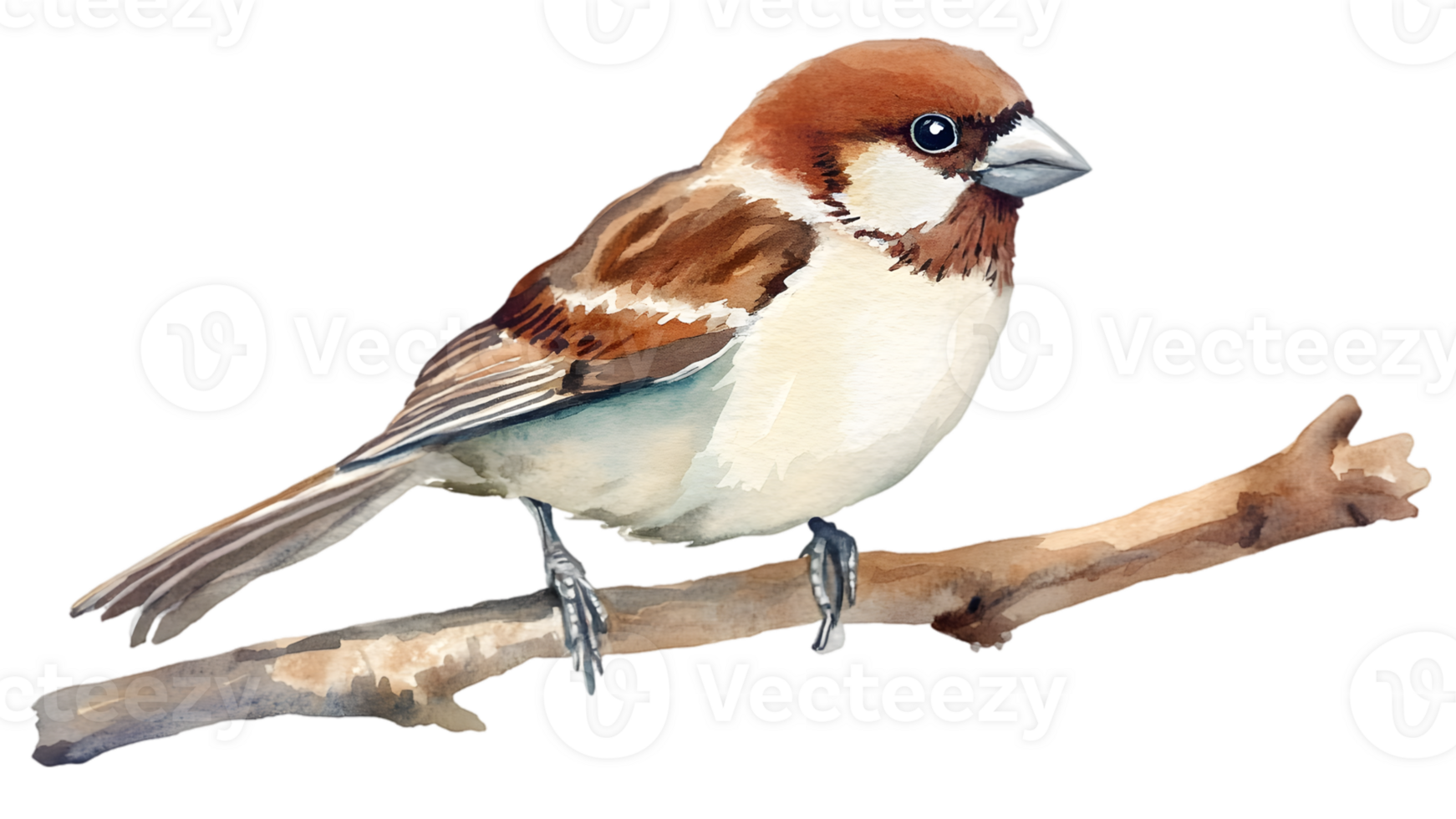 Detailed Watercolor Sparrow On Branch png