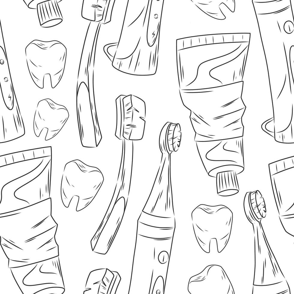 Seamless line black and white pattern with hand drawn dental care items, toothbrushes, toothpaste tubes, electric toothbrushes, and teeth. Repeating design for medical and hygiene concepts. vector