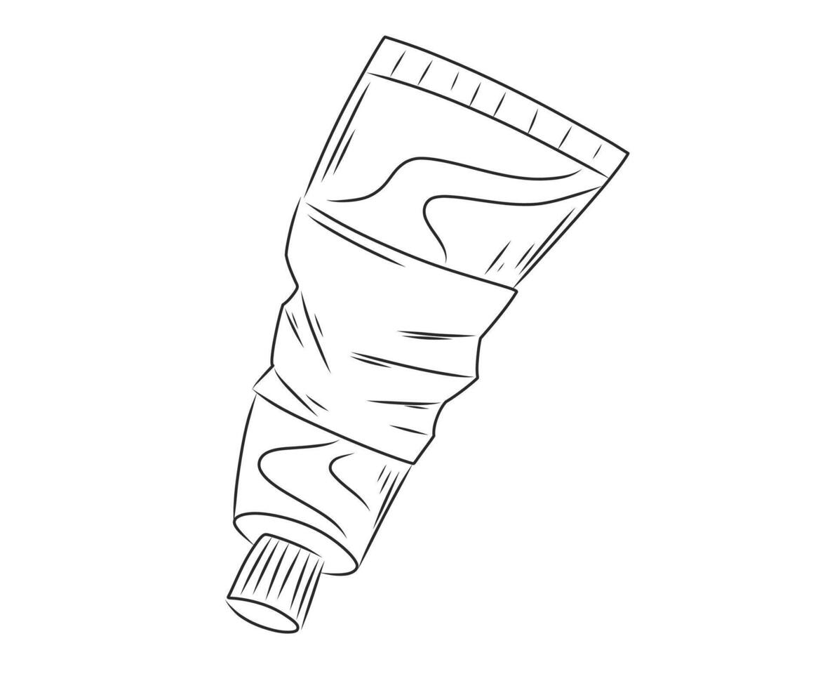Hand-drawn black and white illustration of a squeezed toothpaste tube. Simple line art sketch of a dental hygiene product for oral care, teeth cleaning, and daily health routine. vector