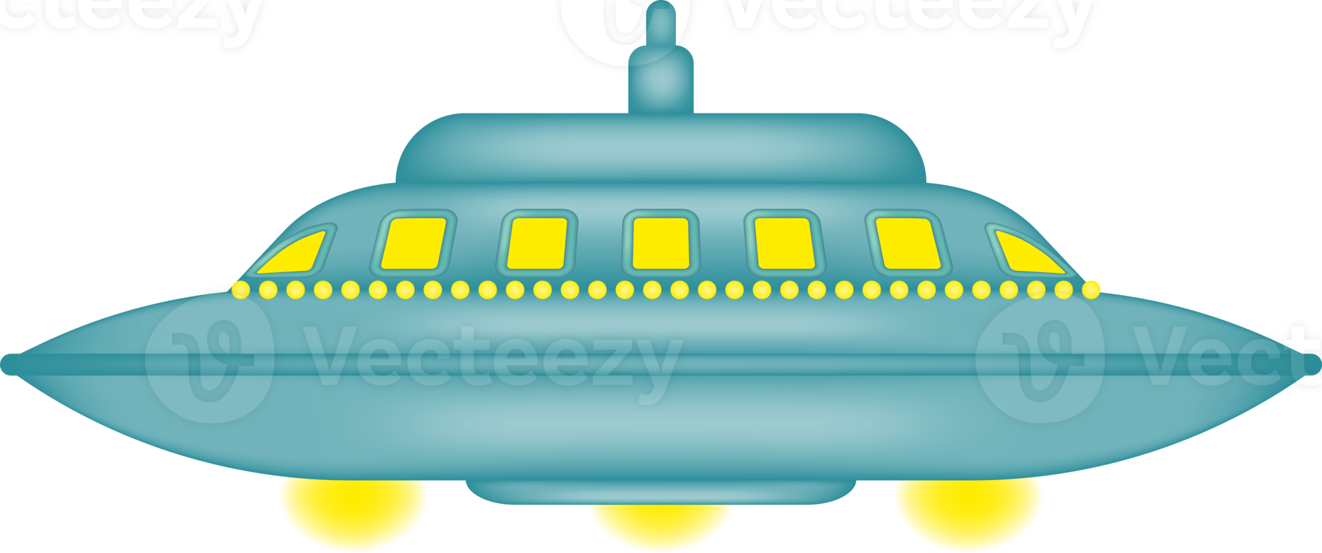 Blue futuristic UFO spaceship with glowing yellow windows. Isolated on transparent background. png