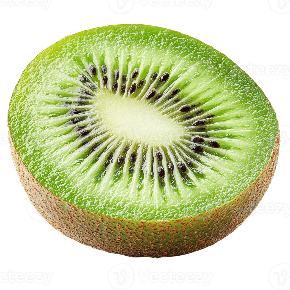 Fresh Kiwi Fruit Cross Section with Vivid Green Color and Textured Brown Peel Isolated on Transparent Background png