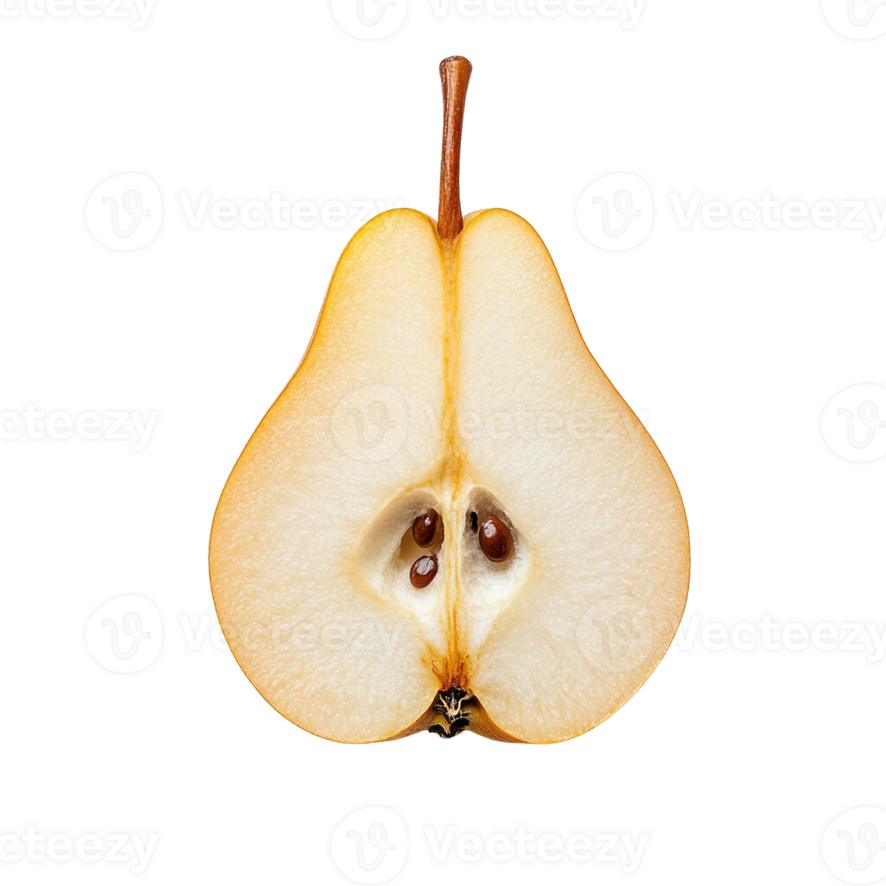 Delicious Sweet Pear Fruit with Natural Color and Seeds Visible in Halved Piece Isolated on Transparent Background png