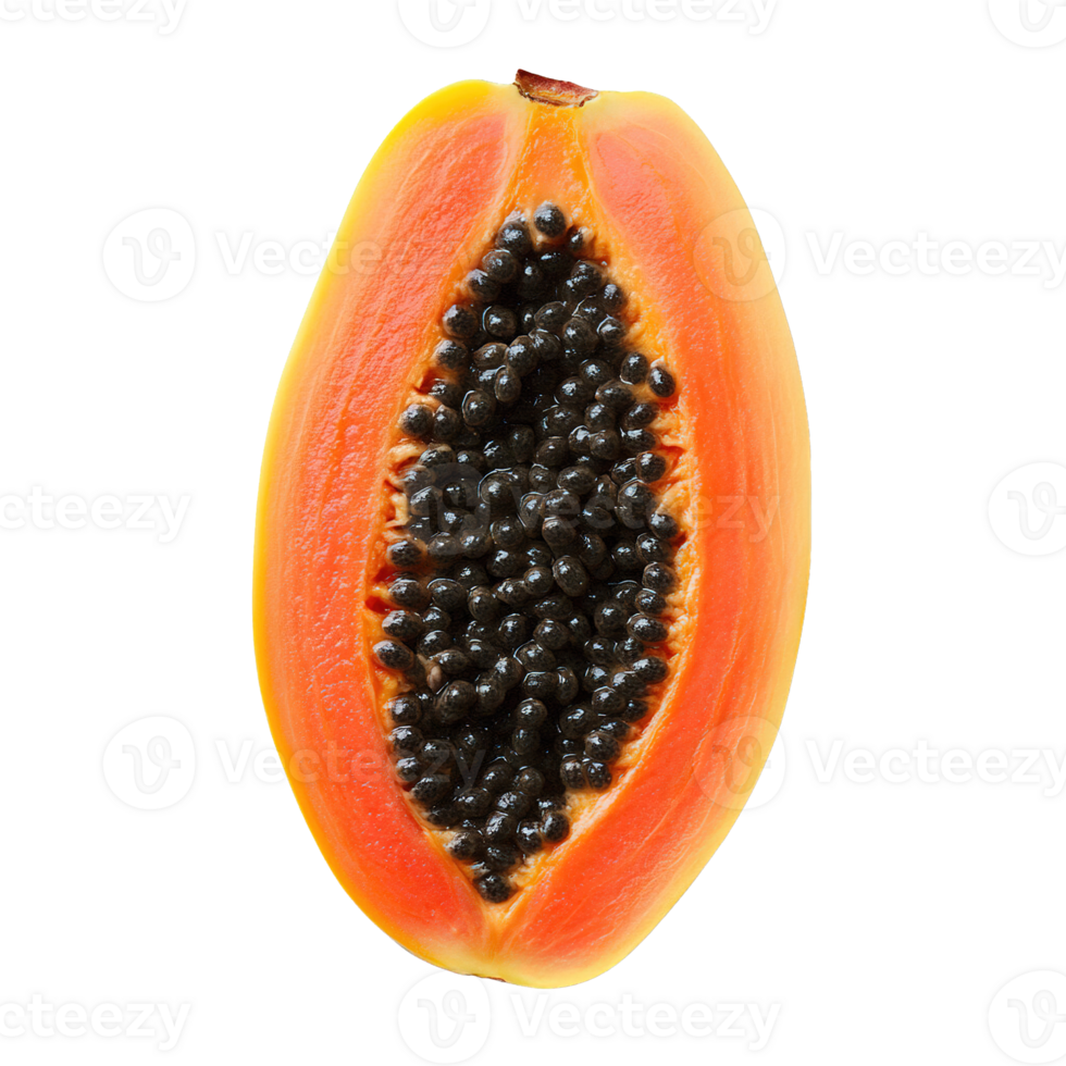 Tropical Papaya Fruit Showcasing Vibrant Orange Color and Glossy Black Seeds Isolated on Transparent Background png
