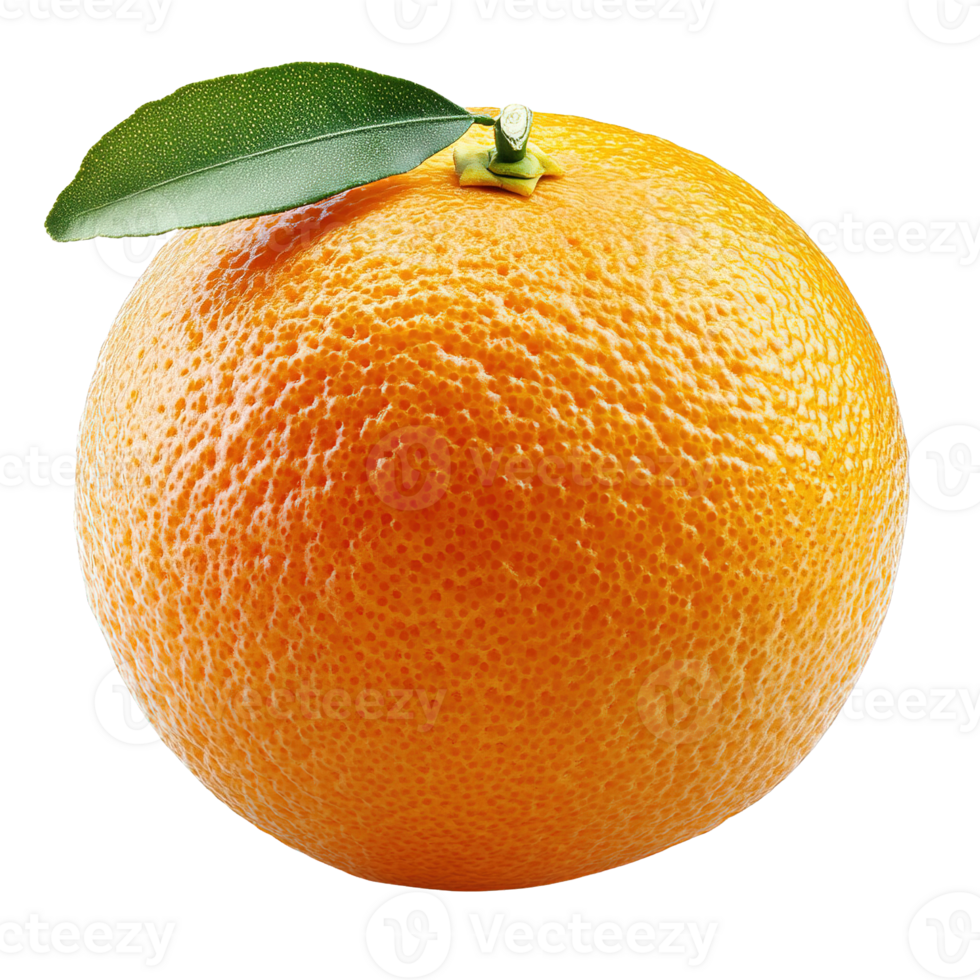 Fresh Orange with Realistic Surface Detail and Leaf Attached Isolated on Transparent Background png