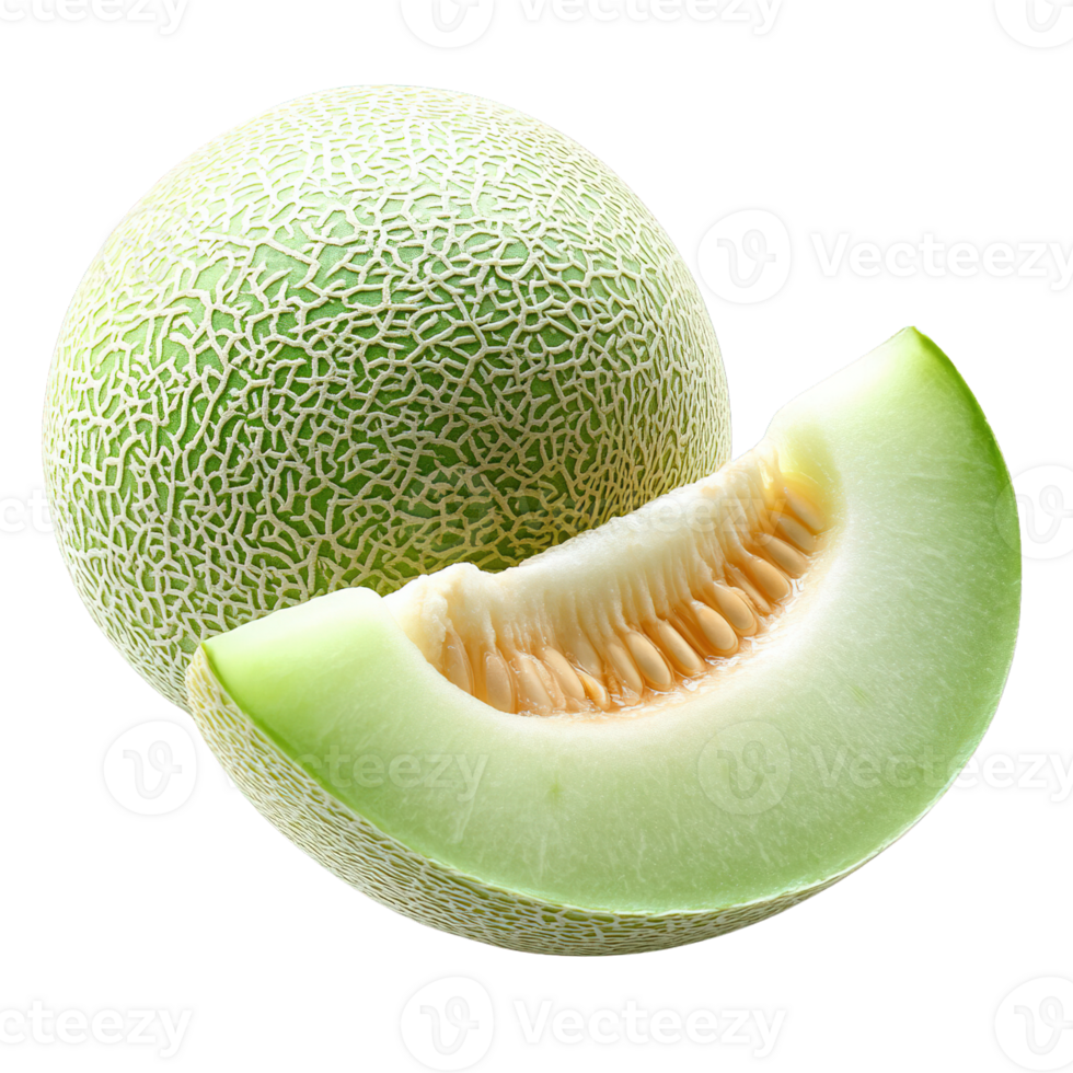 Close-Up of Fresh Honeydew Melon Cut into Halves and Wedges with Visible Seeds Isolated on Transparent Background png