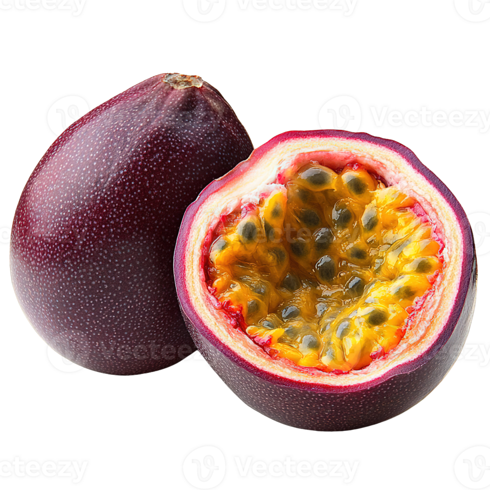 Delicious Passion Fruit with Deep Purple Skin and Golden Seed Filled Pulp Isolated on Transparent Background png