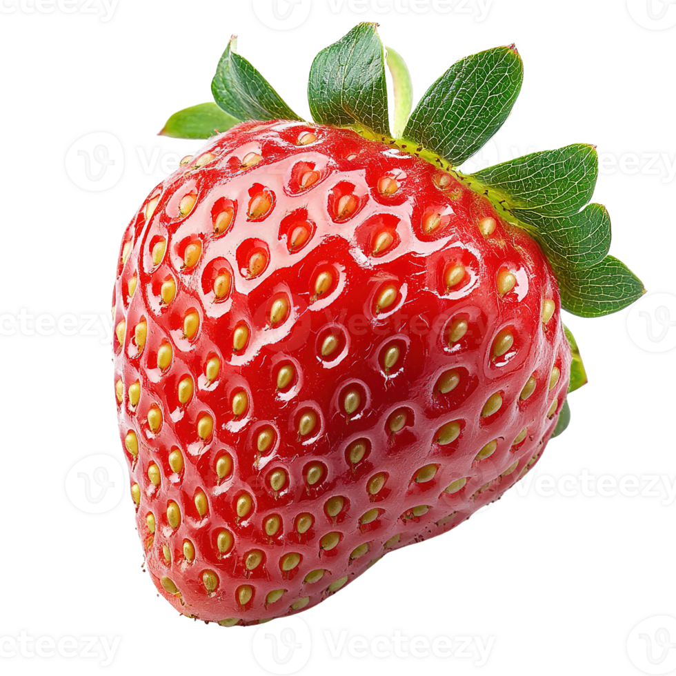 Close Up of a Juicy Strawberry with Glossy Surface and Tiny Yellow Seeds Isolated on Transparent Background png
