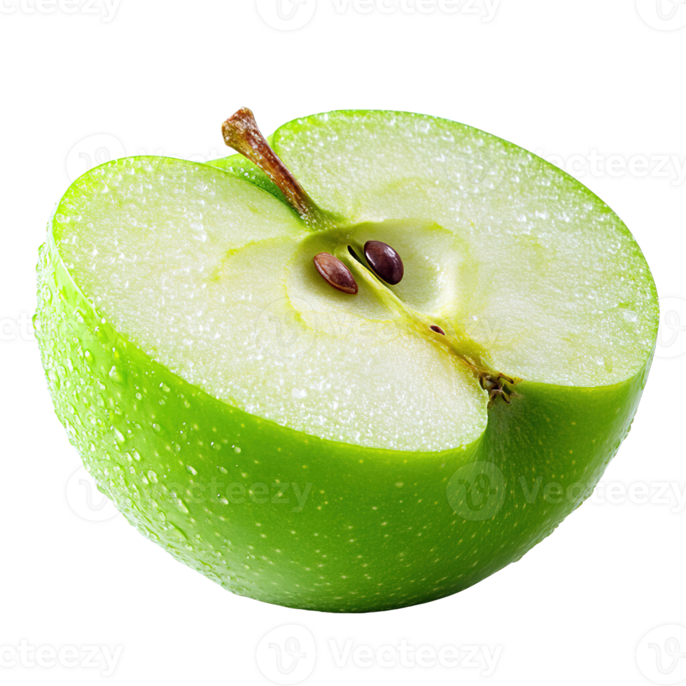 Ripe Green Apple Cut in Half Displaying Fresh Juicy Flesh and Detailed Core Texture png