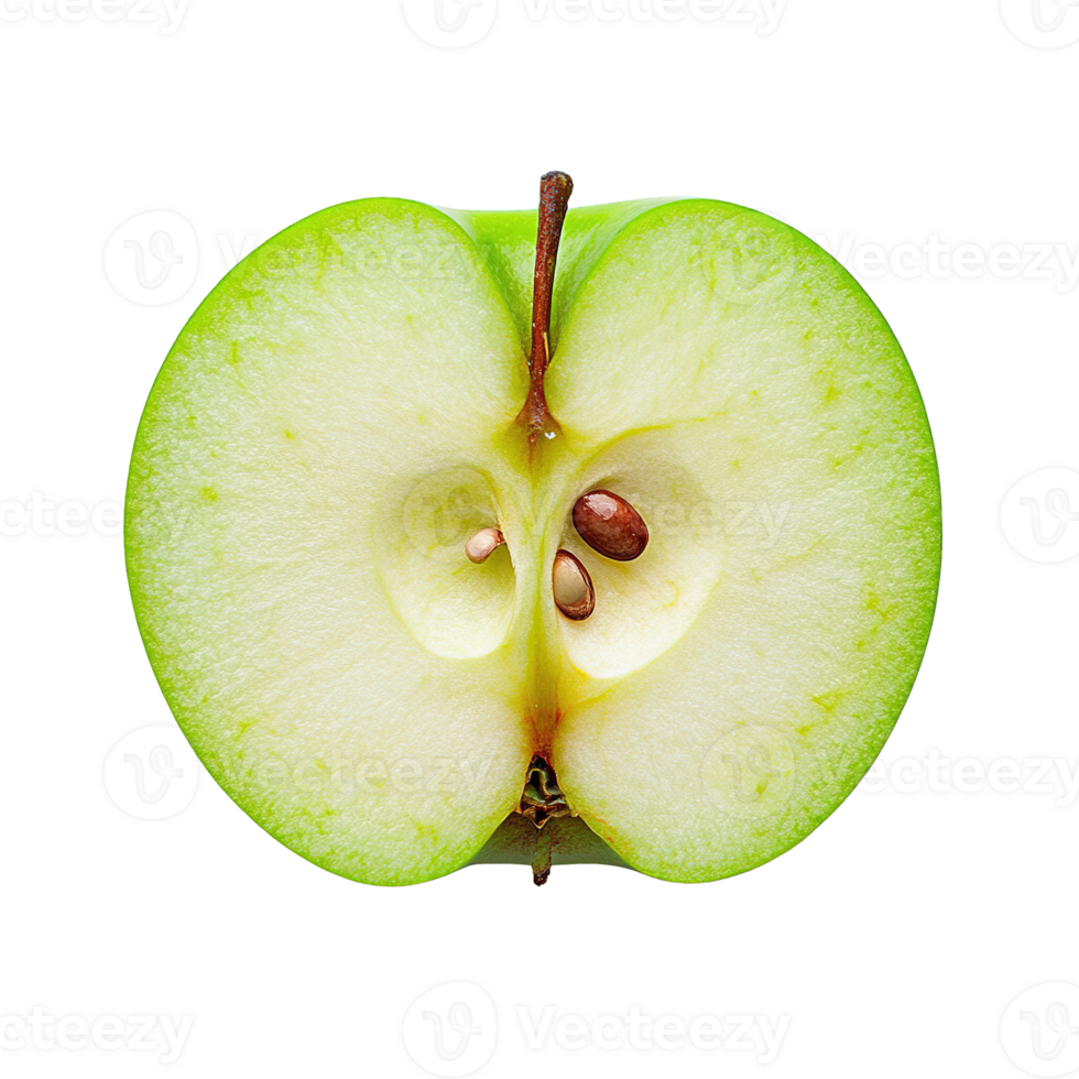 Top View of Freshly Cut Green Apple Piece Highlighting Texture Seeds and Juiciness png