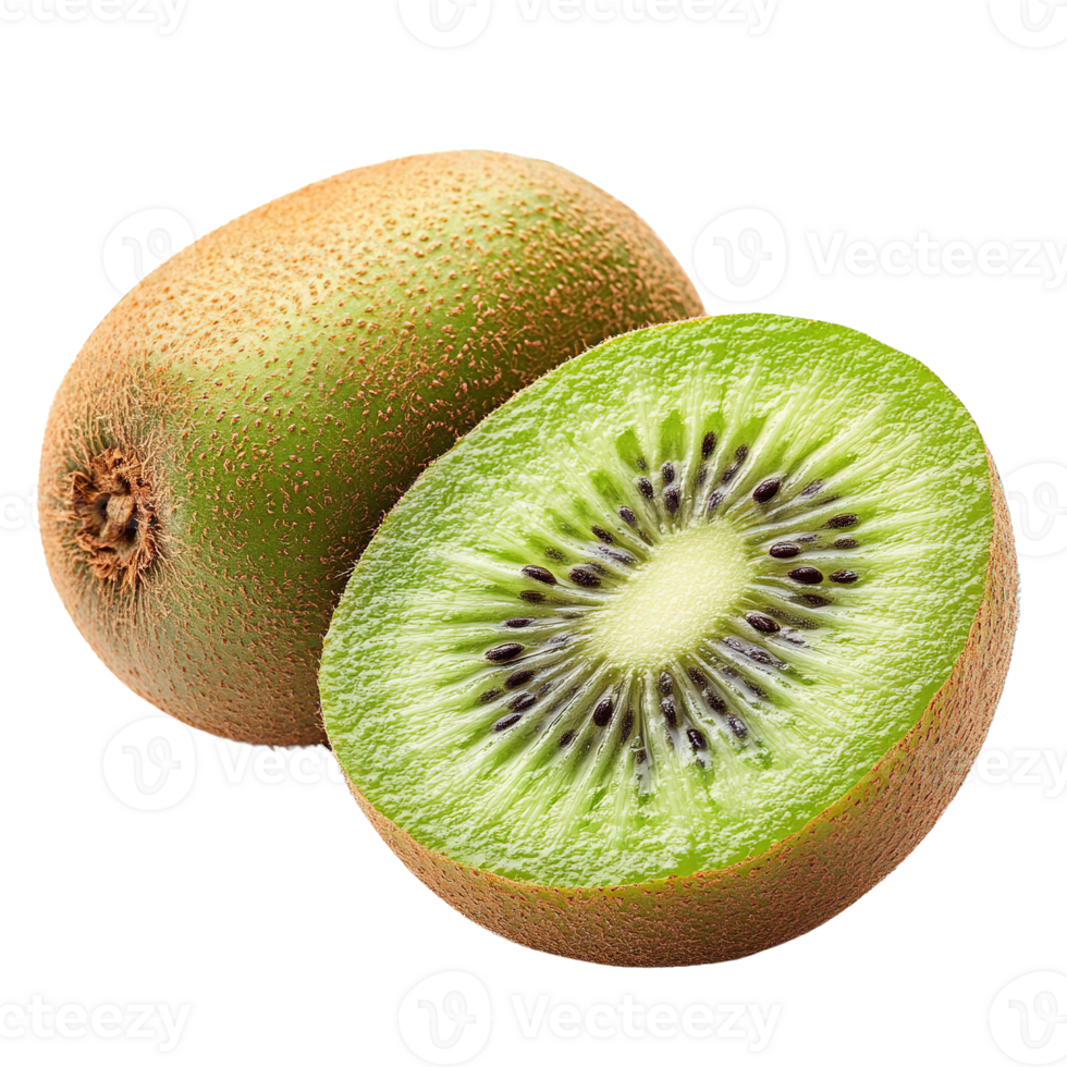 Fresh Kiwi Fruit Sliced in Half Showing Vibrant Green Flesh with Black Seeds and Fuzzy Brown Skin Isolated on Transparent Background png