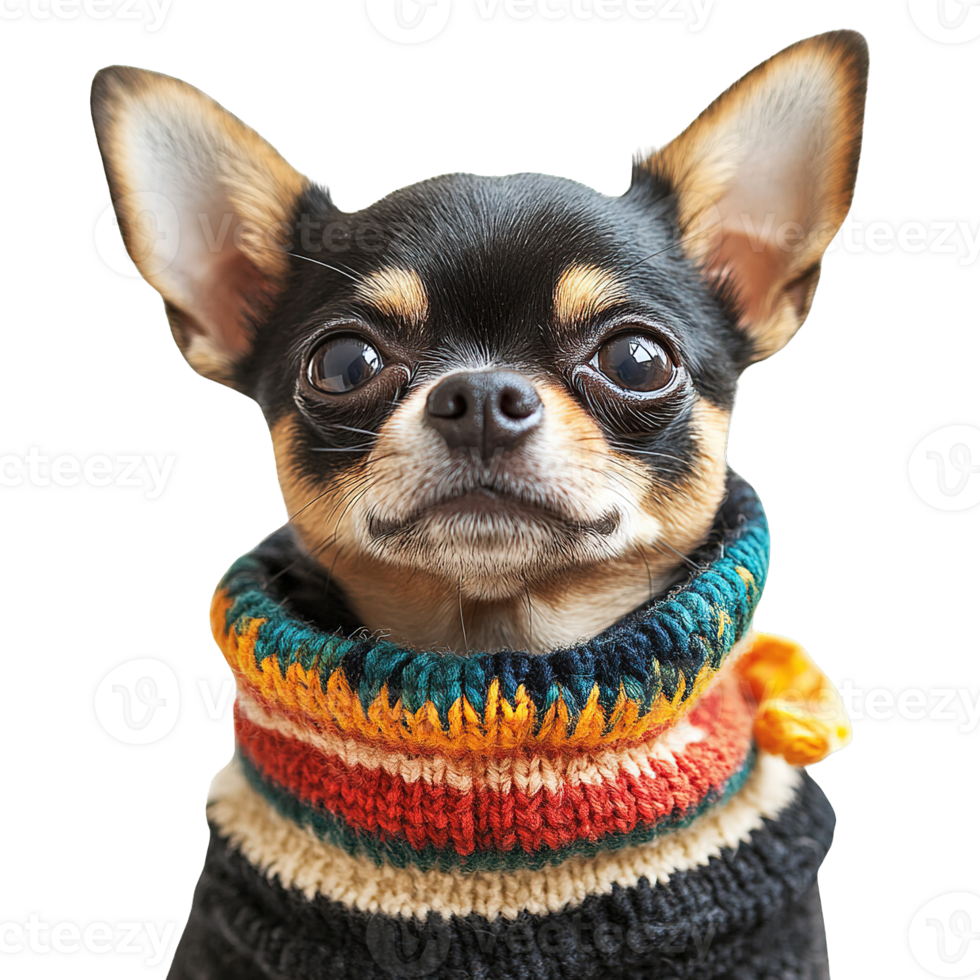 Stylish and Fashionable Chihuahua Dressed in Colorful Wool Sweater Isolated on Transparent Background png