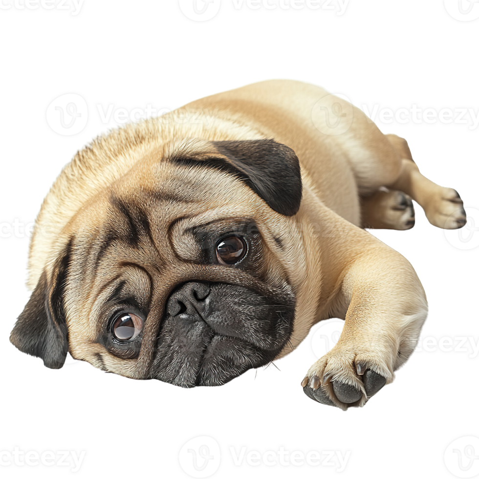 Cute Fawn Pug Dog Resting on Their Side with Wrinkled Faces and Expressive Eyes png
