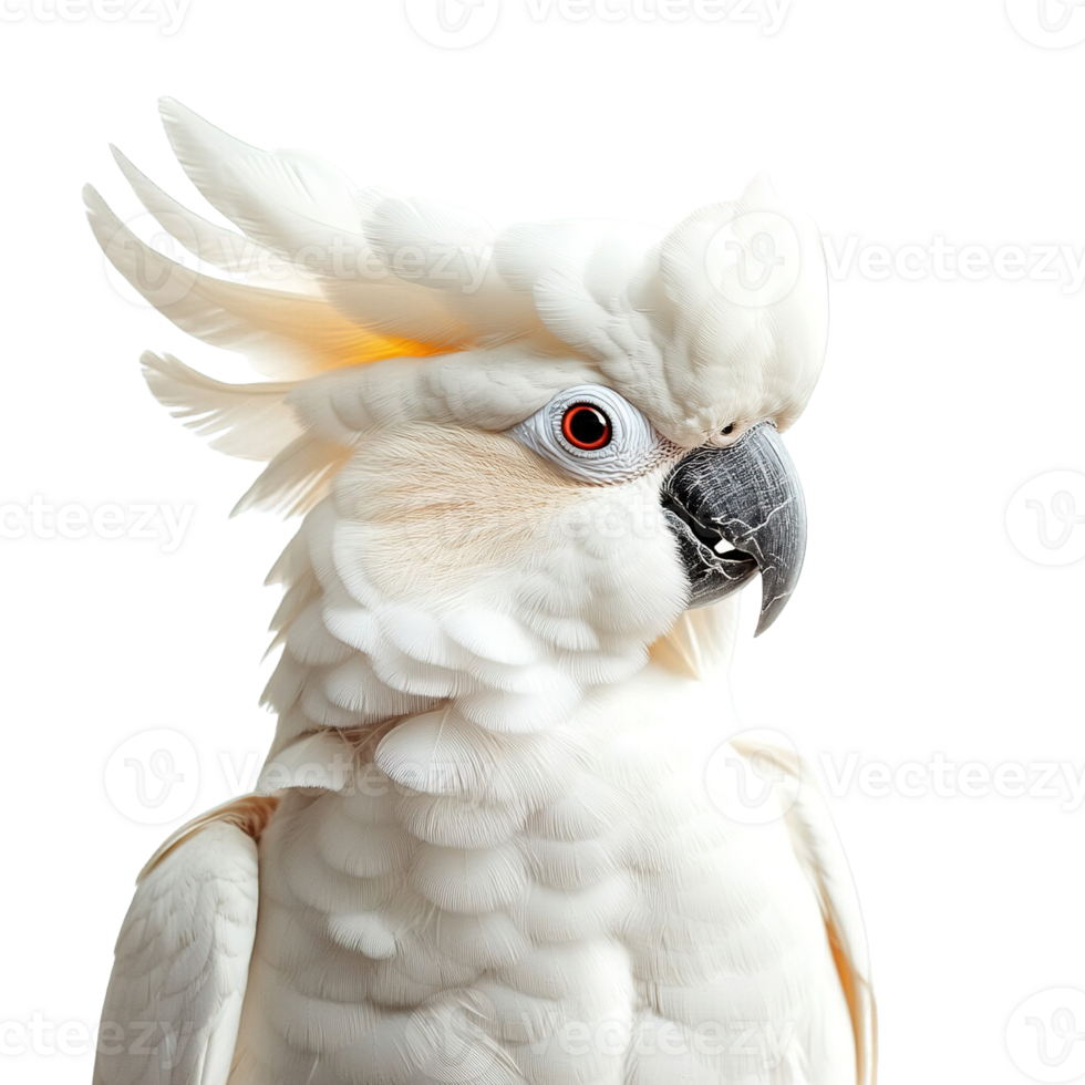 Majestic White Cockatoo with Yellow Crest Displaying Playful and Intelligent Expressions on Transparent Background png