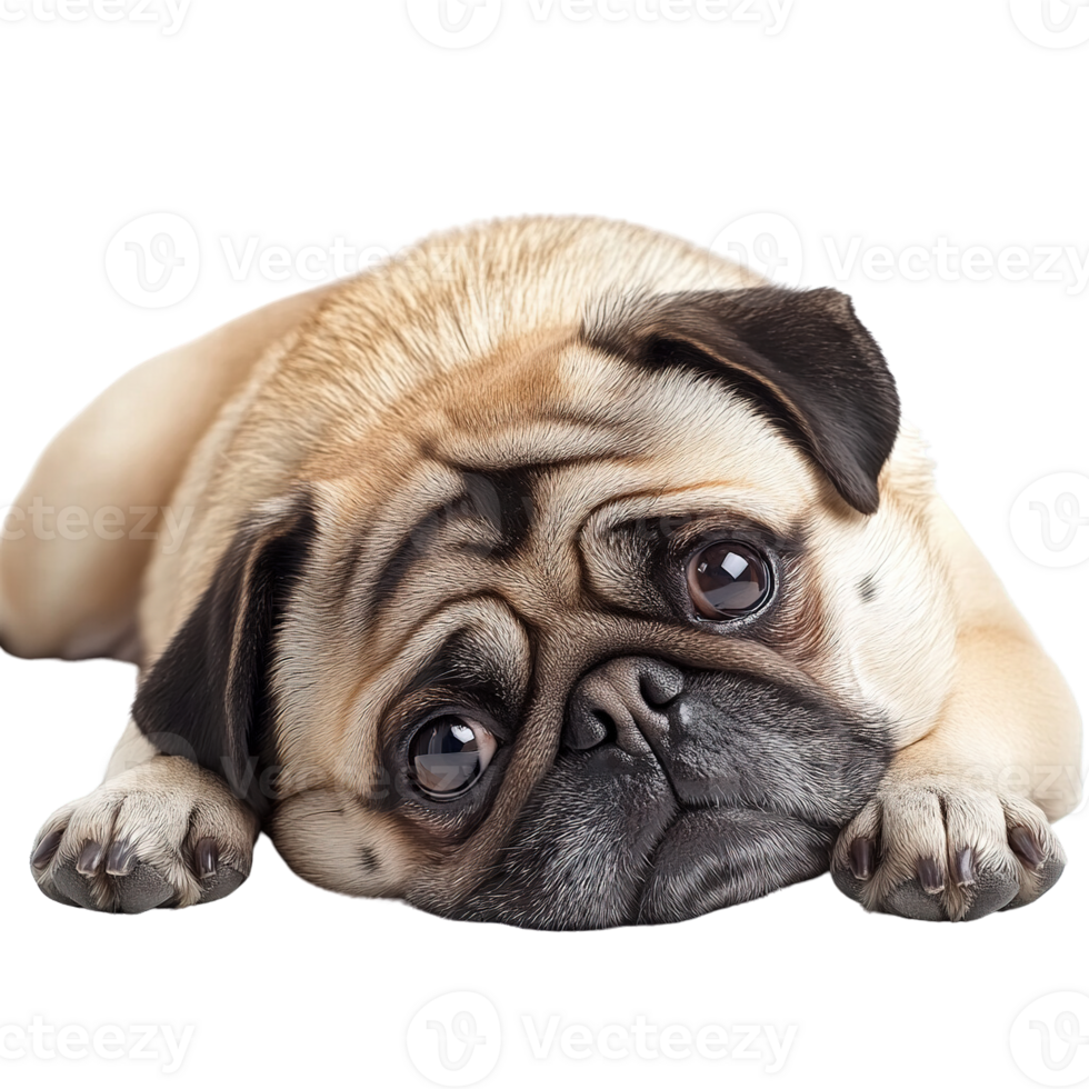 Close Up of Relaxed and Sleepy Pug Dog Resting Comfortably on a Transparent Background png