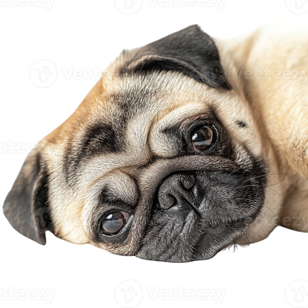 Cute Pug Dog Lying Down with Big Round Eyes and Wrinkled Forehead png