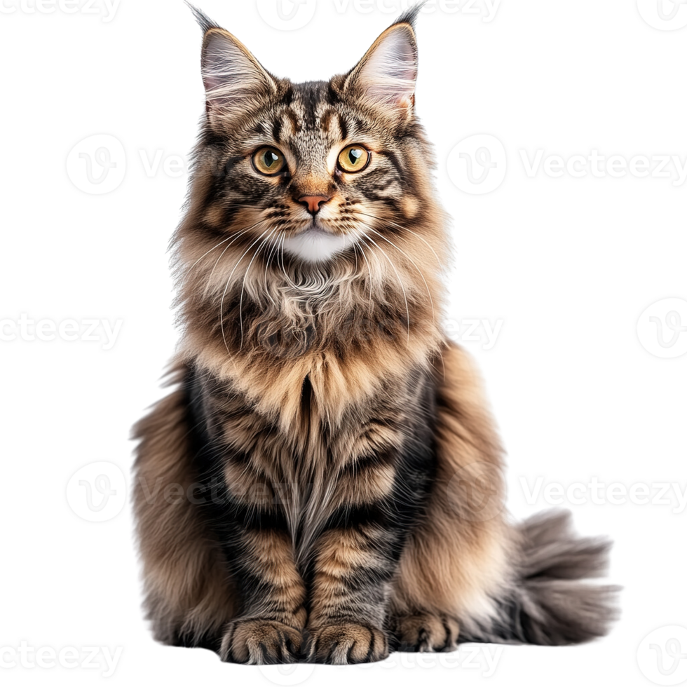 Stunning Maine Cat with Long Fur and Striking Expressions on a Transparent Background png