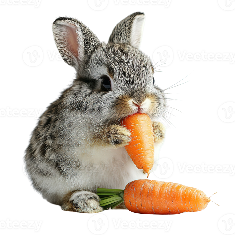 Cute Rabbit Holding and Nibbling on Carrots on a Transparent Background png