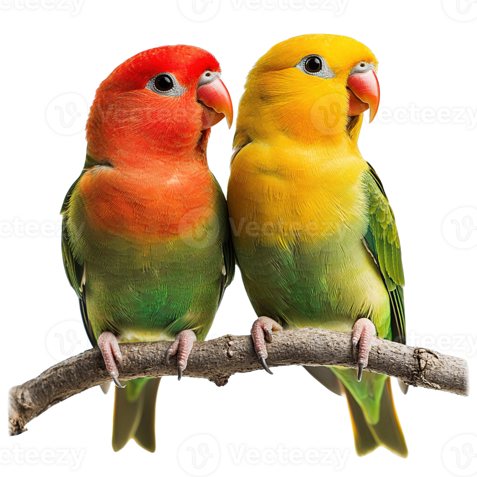 Beautiful Lovebird Couples with Bright Plumage Cuddling on a Tree Branch Isolated on Transparent Background png